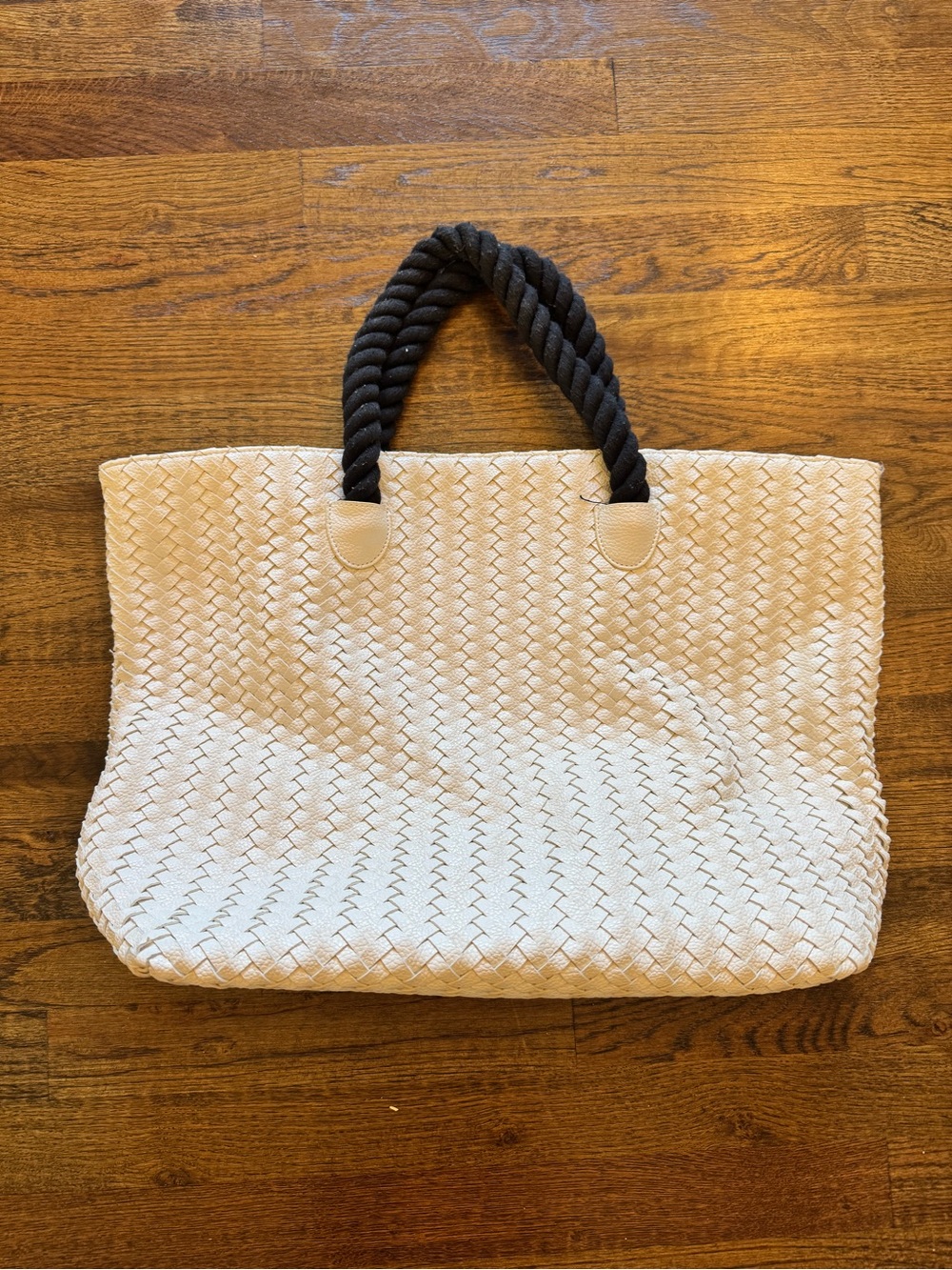 White Woven Tote with Black Rope Handles